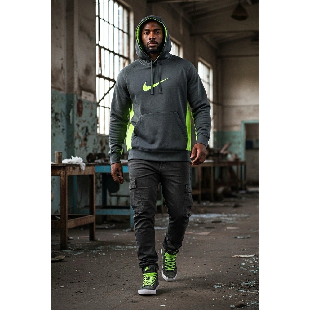 Nike Therma-FIT Men's M Gray/Green Pullover Fleece Hoodie Logo Pockets